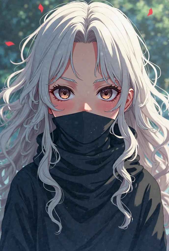  Make a 16-year-old girl ,  long curly white hair, with a helpless and warrior look. He wears a garment to cover half his face. Make it animated by Naruto Shippuden