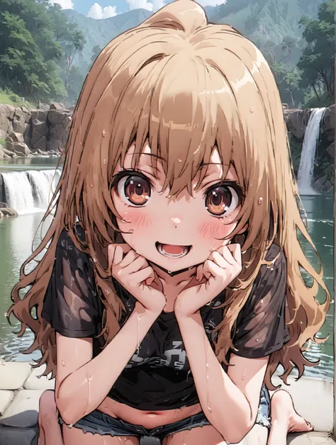 score_9, score_8_up, score_7_up, source_anime,
Taigaisaka, Aisaka Taiga,Alone, long hair, brown hair, brown eyes,ponytail,smile,open your mouth,Black T-shirt,belly button sticking,Tie the hem of the shirt,denim micro shorts,Bare legs,wet skin,wet hair, we...