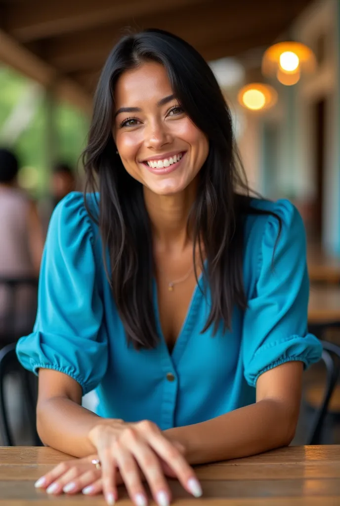 Generate a very realistic and natural photo of a 35-year-old Brazilian woman,  is a bit chubby, Very straight straight long black hair, light makeup, accessories, you're smiling showing your teeth, She wears a bright blue gypsy blouse denim skirt showing h...