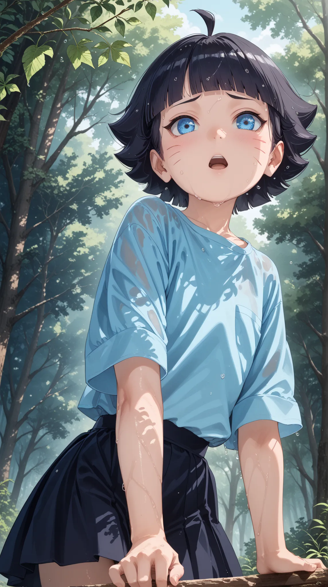 High Resolution, masterpiece, highest quality,
(himawari uzumaki, short hair, bangs, blue eyes, black hair, blunt bangs, facial mark, whisker markings, ahoge,),
(skirt, blue shirt, sleveless shirt, neckline), Slightly open the mouth, Highly Detailed Eyes
(...