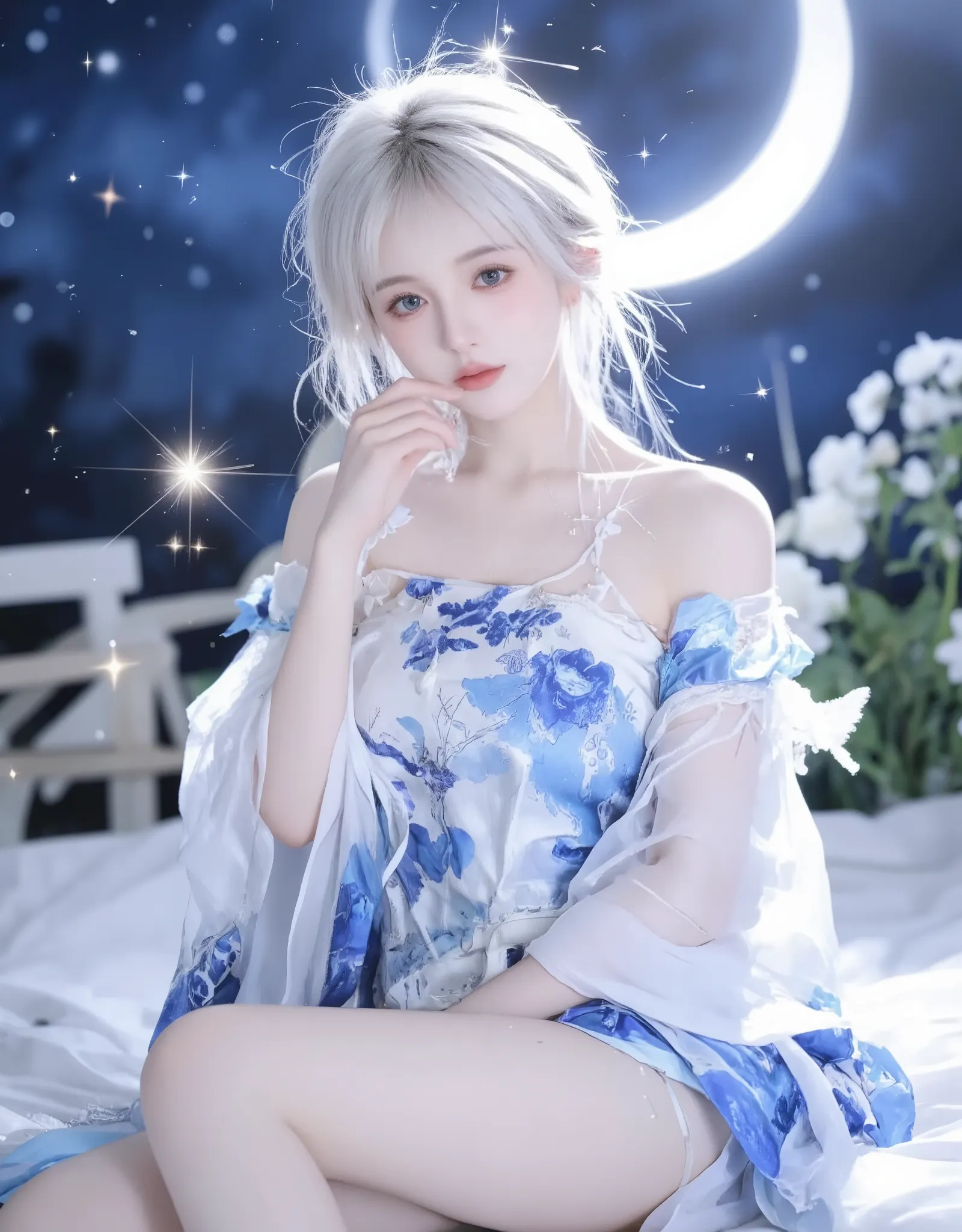 Blue and white porcelain cheongsam,Fluid oil painting，1 girl,starry sky, (White with luster (transparency:1.4) Crotchless pantyhose), moon, Picturesque aesthetic style,spark,white hair,blue eyes,