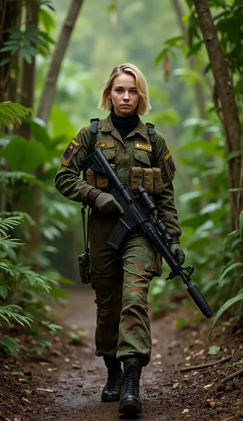 A beautiful and elegant young woman, serving as a distinguished officer in the army, moves forward through the dense and untamed tropical jungle with grace and unwavering determination. Her sharp, focused gaze scans the surroundings, displaying both tactic...