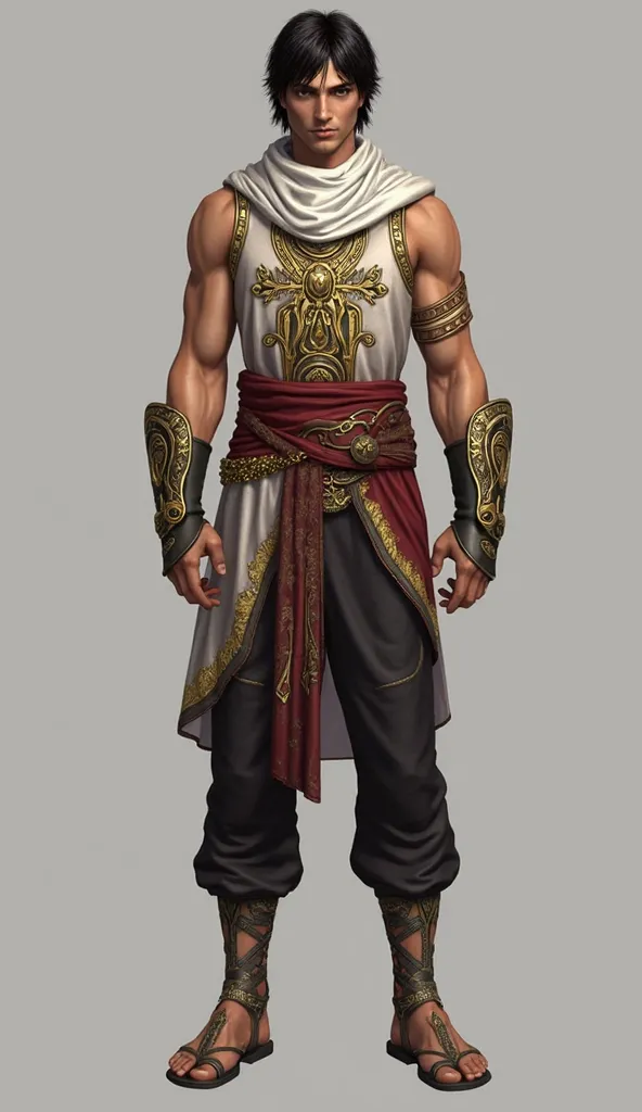 Certainly! Here's the breakdown of who is in the image and details about his appearance:

**Character:** The person in the image is the **Prince from the  Prince of Persia**. 

**Appearance:**

*   **Build:** He has a muscular build, suggesting he is physi...