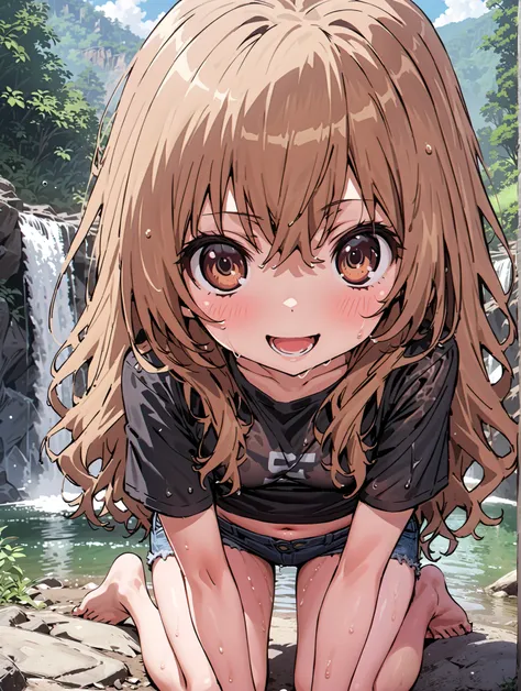 score_9, score_8_up, score_7_up, source_anime,
Taigaisaka, Aisaka Taiga,Alone, long hair, brown hair, brown eyes,ponytail,smile,open your mouth,Black T-shirt,belly button sticking,Tie the hem of the shirt,denim micro shorts,Bare legs,wet skin,wet hair, we...