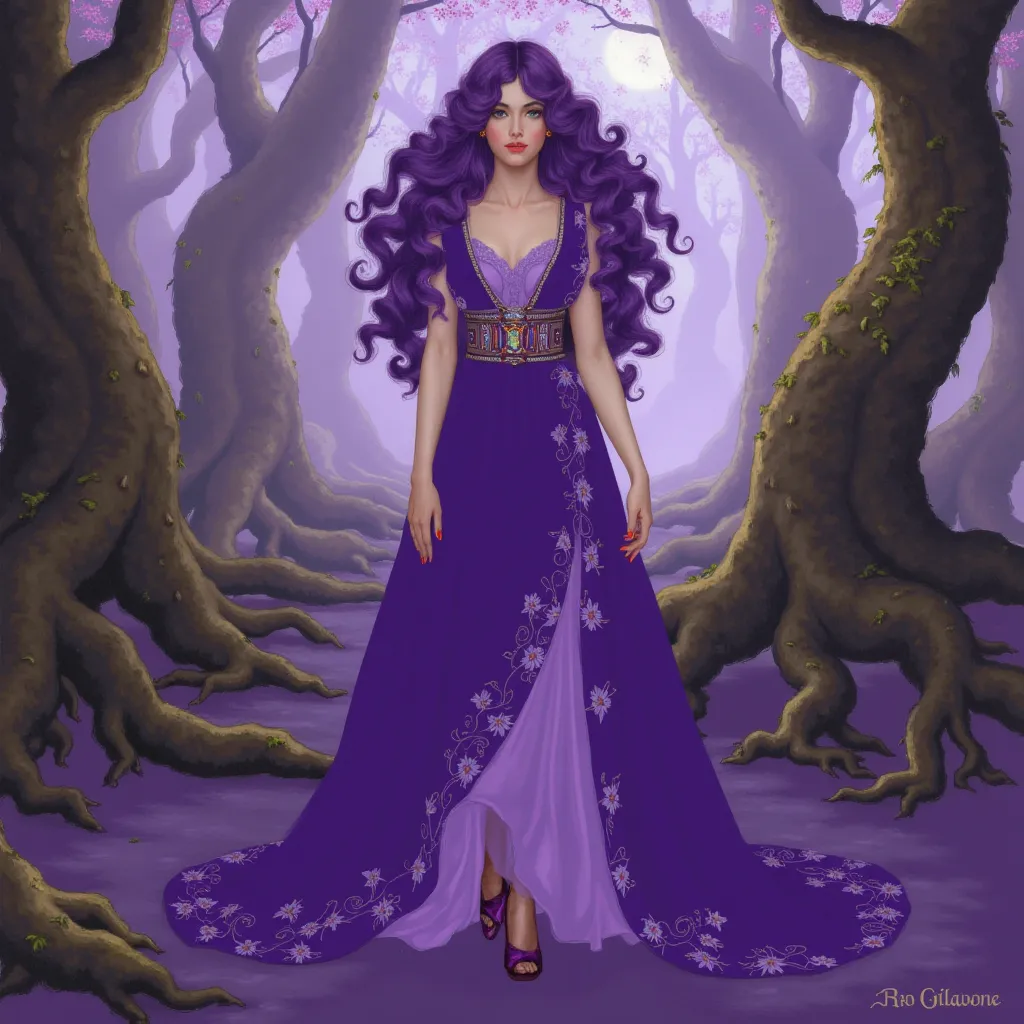 In a purple state of mind

Airbrushed and oil highly detailed digital painting of a stunning fantasy sorceress with long, voluminous curly purple hair, adorned with delicate leaves and small violet flowers. She wears an elegant deep violet gown with intric...