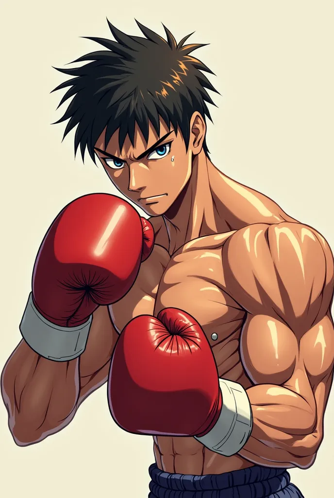 a young handsome boxer smirking, shirtless, bending forward posing boxing stance in anime