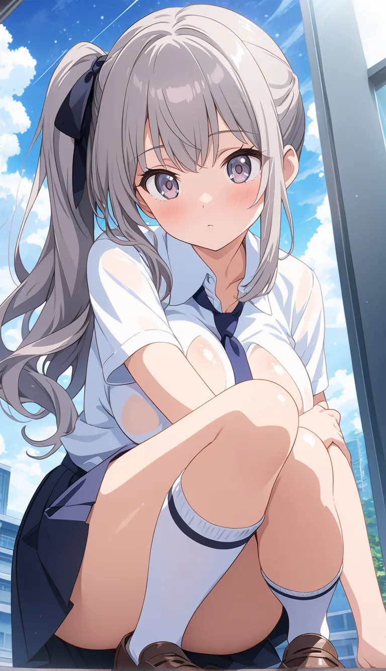 （side ponytail hair that pees on glass:1.1）  shiny skin,  delicate depiction,Depiction of light、short sleeve blouse,、tie, big breasts,  pleated skirt,  thighs, Absolute Area, Knee Socks, loafers, 、髪の毛の非常に  delicate depiction 、  focusing on the upper body 、...