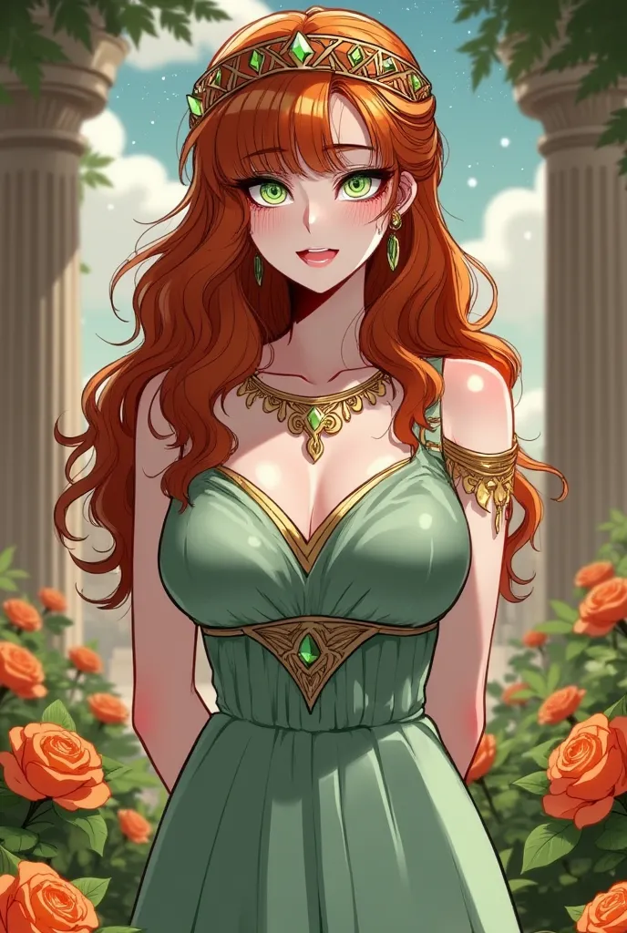 Create an image in the style of Korean manwha fanart anime with a very beautiful woman of 35 years old, green eyes and a lot of very long hair, very curly orange with bangs on her face with a little freckles on her cheeks, with a very voluptuous body and v...