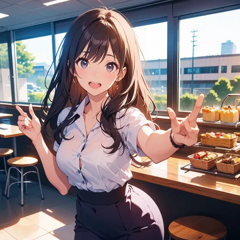 A lively woman with a Kansai accent who is good at making jokes is making a comment in surprise. With one hand outstretched and one eyebrow raised, in the company cafeteria,