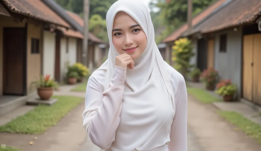 Make me Poto realistic, a woman, umur 28th, wearing white hijab, running . background, homestead feel of the village. paras indonesian face . 