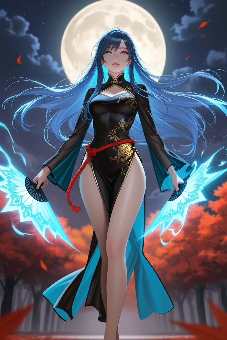 Prompt:

"Masterpiece, best quality, amazing quality, hyper-detailed, realistic, anime screencap. A beautiful and elegant female warrior with long blue hair, wearing a stylish black and gold cheongsam-inspired outfit with intricate embroidery. She holds a ...