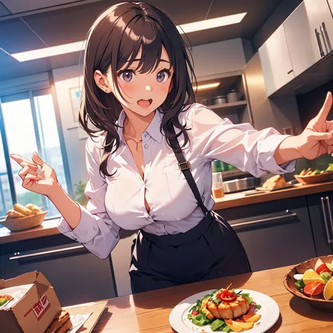 A lively woman with a Kansai accent who is good at making jokes is making a comment in surprise. With one hand outstretched and one eyebrow raised, in the company cafeteria,