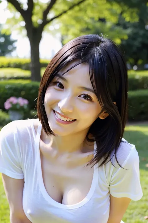 35 year old lovely married Japanese woman、eyes are slender and sharp, but she has a nice smile、She has a slim figure, but、Breasts are moderately bulging、 in the park、I'm wearing a t-shirt、 showing a little boob、I like having sex、there is an atmosphere wher...