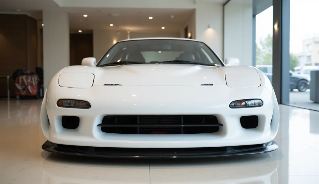 Realistic of futuristic 1990 Mazda RX-7 FC , with modification, good looking, Bright white color, full front view, parked in luxury showroom .The background features a contemporary showroom setting with polished floors and natural light, enhancing the car'...