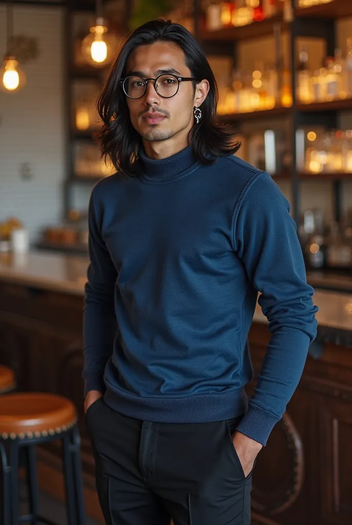 Make me a black-haired man with long ends with a tan skin tone, with a blue long sleeve sweater, black dress pants and black shoes that wear glasses and wears knitted and bottom earrings a restaurant bar