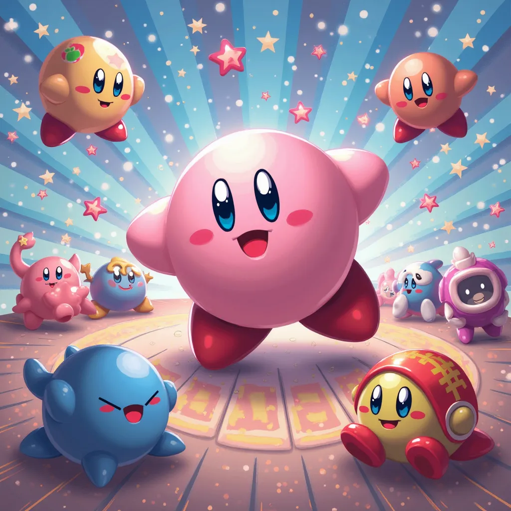 Masterpiece HD image of Kirby with many Kirbys with the powers of the characters in super smash bros fighting on a platform with the word pokepixel crafts in the background with many rays with the word pokepixel crafts 