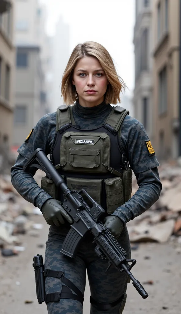 A beautiful and elegant young woman, serving as a distinguished officer in the army, moves forward with confidence and authority through the war-torn urban battlefield of a European city. Her sharp, focused gaze scans the area, displaying tactical awarenes...