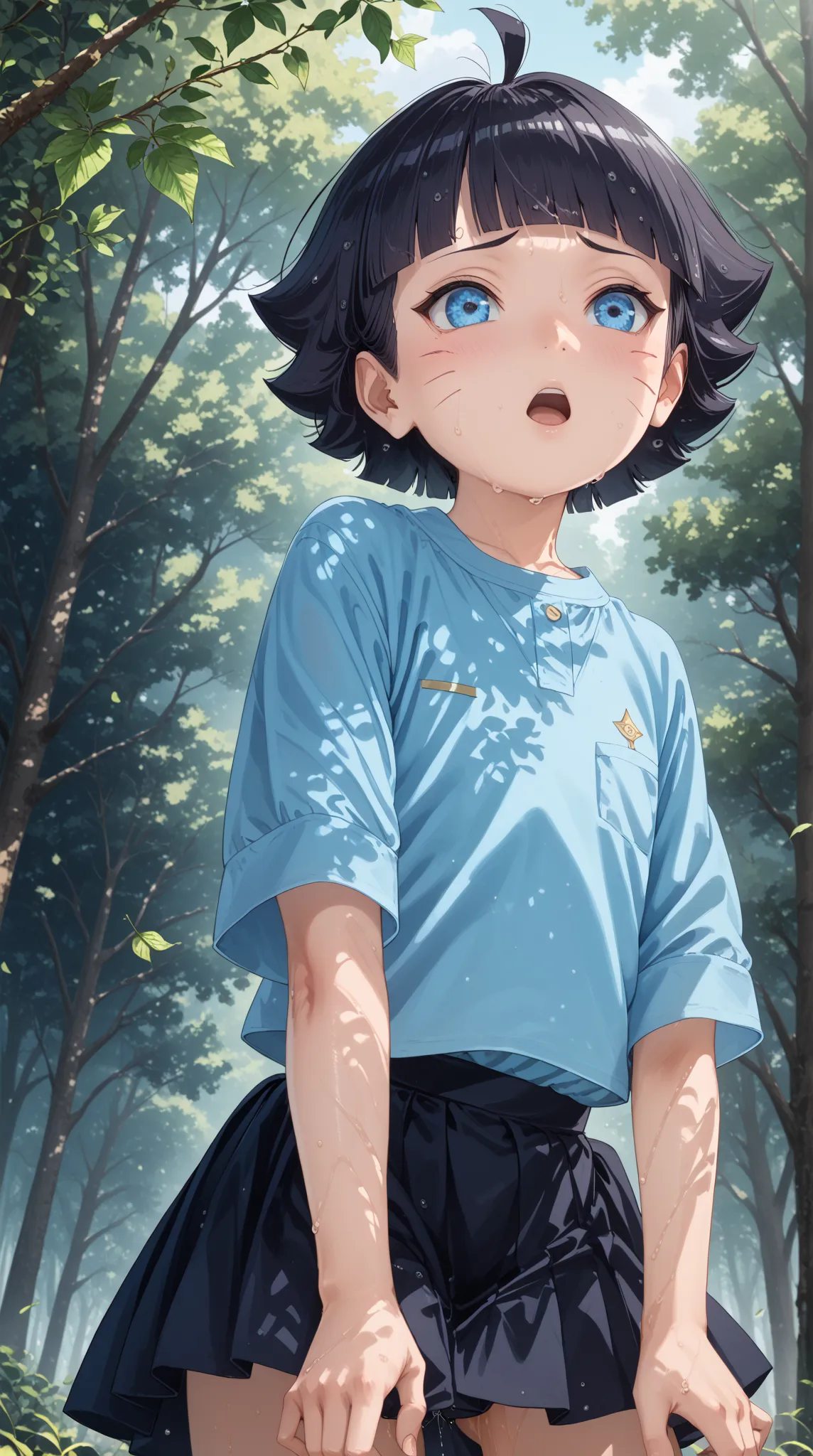 High Resolution, masterpiece, highest quality,
(himawari uzumaki, short hair, bangs, blue eyes, black hair, blunt bangs, facial mark, whisker markings, ahoge,),
(skirt, blue shirt, sleveless shirt, neckline), Slightly open the mouth, Highly Detailed Eyes
(...