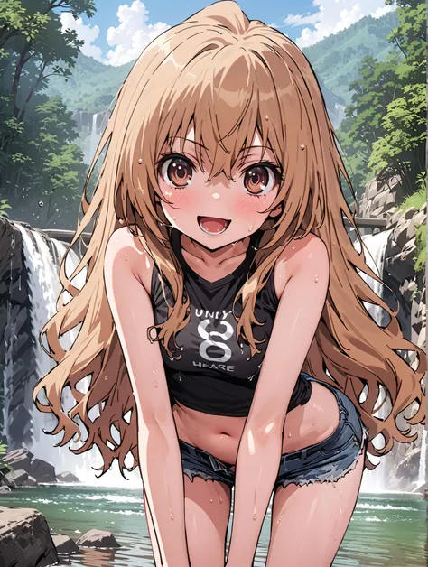 score_9, score_8_up, score_7_up, source_anime,
Taigaisaka, Aisaka Taiga,Alone, long hair, brown hair, brown eyes,ponytail,smile,open your mouth,Black T-shirt,belly button sticking,Tie the hem of the shirt,denim micro shorts,Bare legs,wet skin,wet hair, we...