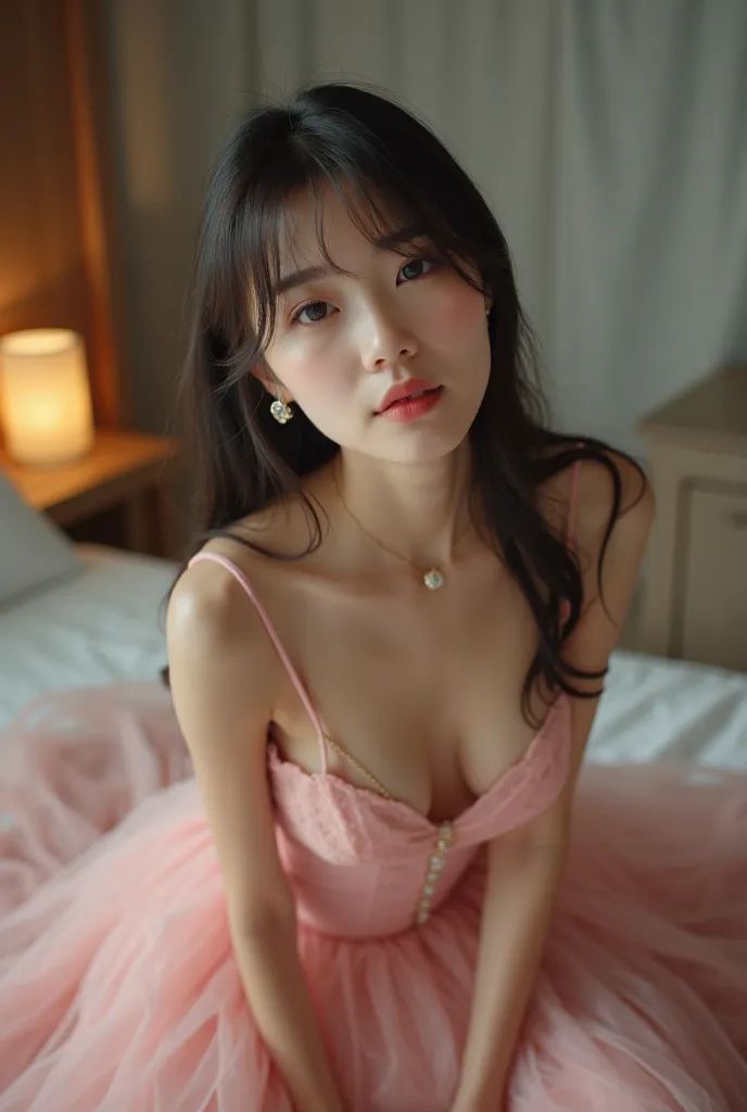 超Reality照片 ，   Two Japanese High School Girls，Different styles   ，  Girl With Soft Straight Hair   ， Wearing a sexy low-breasted pink wedding dress   ，Collar open    ，  Kneel on the big bed ，[portrait ，Best Quality Photos，   16K Ultra HD Resolution    ，   ...