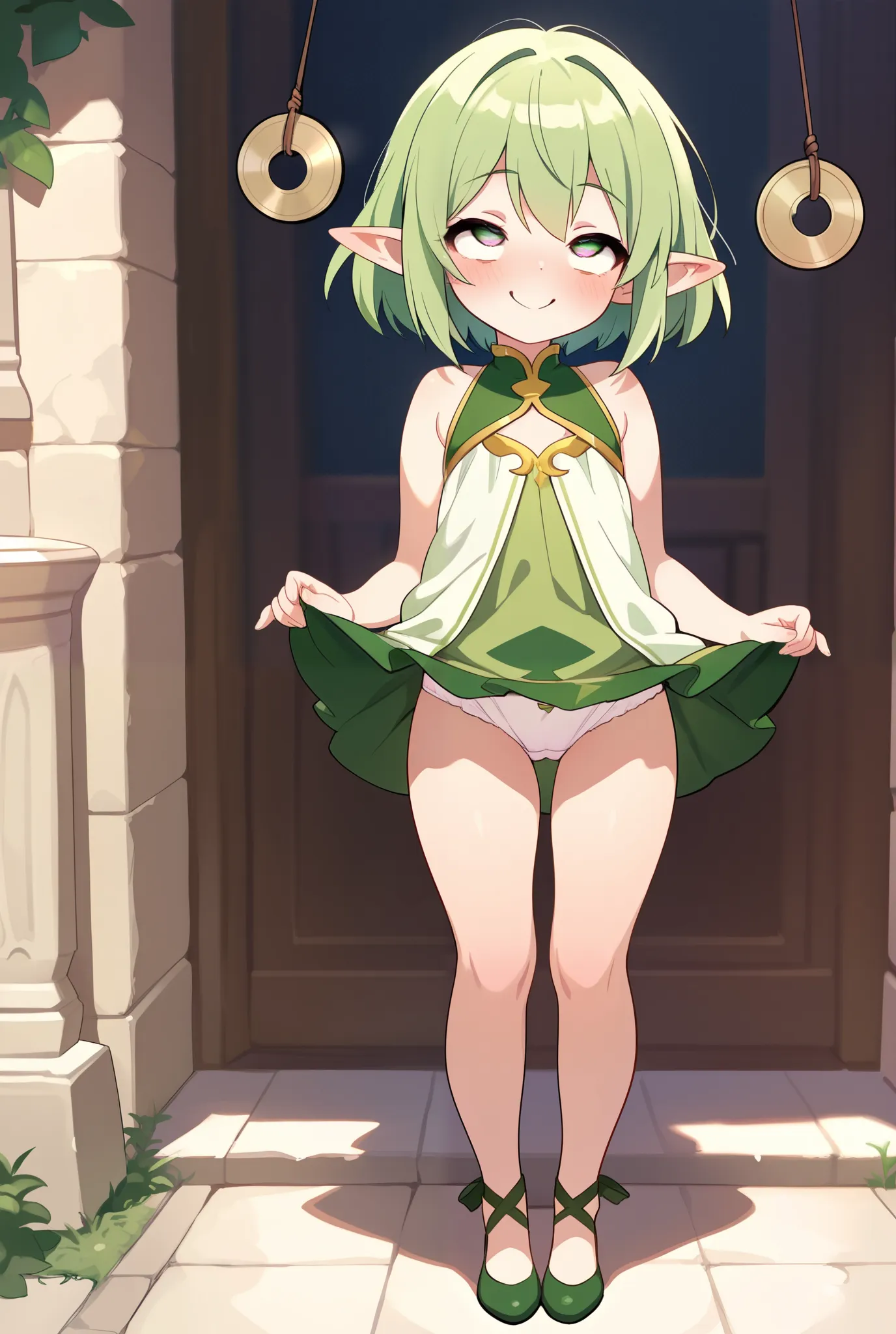 1Gir,cute,(((masterpiece, best quality))),(((beautiful eyes))),full body,Green hair, short hair,elf,baby face,Green elven clothing, sleeveless, miniskirt,beautiful girl,smile,White panty shot,standing,Rolling eyes, hypnosis,She smiles and lifts her skirt t...