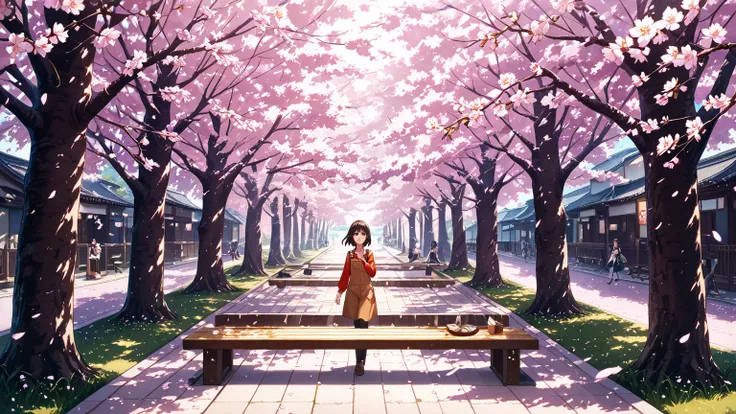  under a row of cherry blossoms in full bloom 、incorporating a quiet, nostalgic lo-fi aesthetic is walking alone while rejoicing at the arrival of spring。Her eyes sparkle、smiling while looking up at the falling cherry blossoms。A gentle breeze blows、Countle...