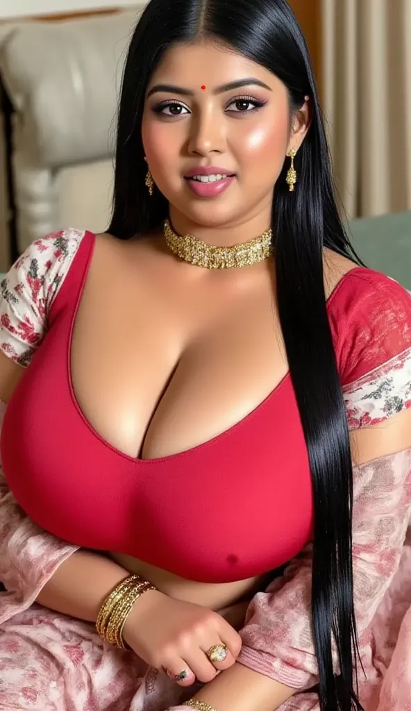   indian chubby women is wearing a full red long skirt, bedroom , red satin  front closer blouse,big Deep cleavage,big sexy chest,big ,detailed body and face, big bright eyes, charming, sexy, perfect anatomy, braid very long silky smooth oily detailed PONY...