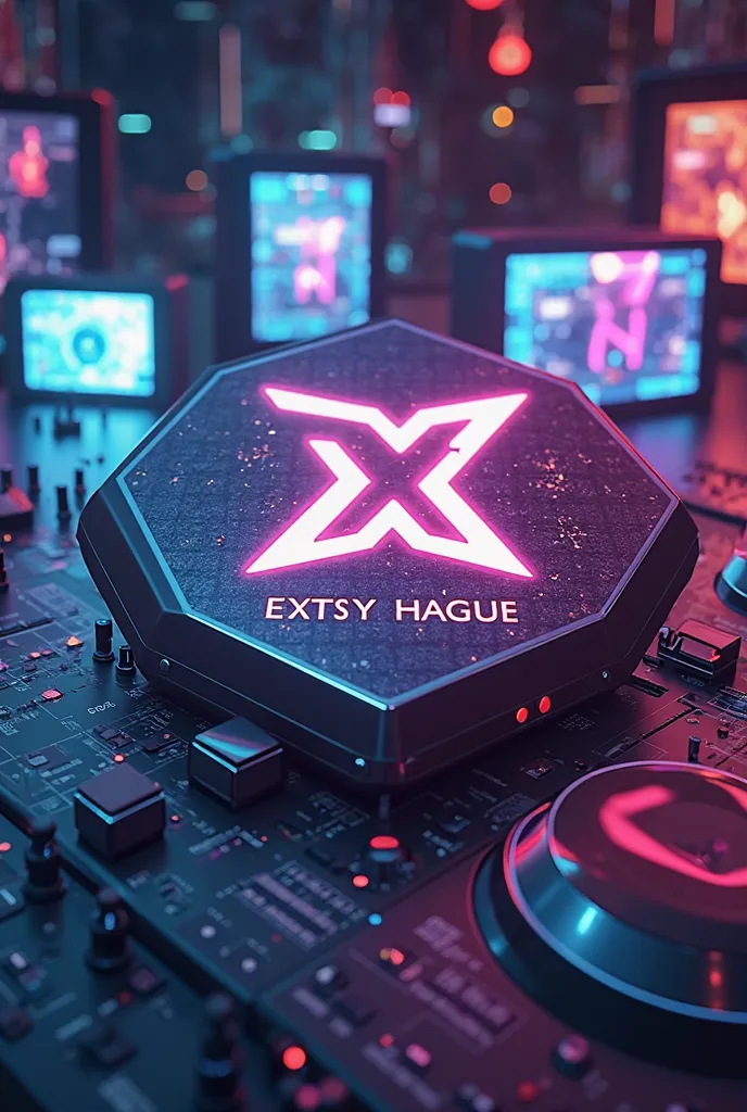 create a 3d logo  , called EXTSY HOUSE, in capital letters, In the background of visual screens DJ 