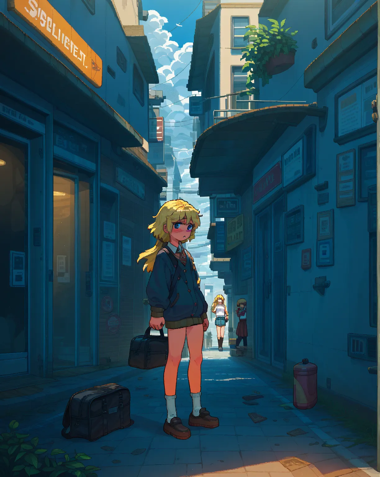 (superflat, flat shading, flat colors:1.1), a group of girls, young , ******girl, slim, small breast, blonde hair, white panties, white bra, school bag, shy, blush, wind, walk the city street, bright sunlight, best shadows, watercolor BREAK ( corrections )...