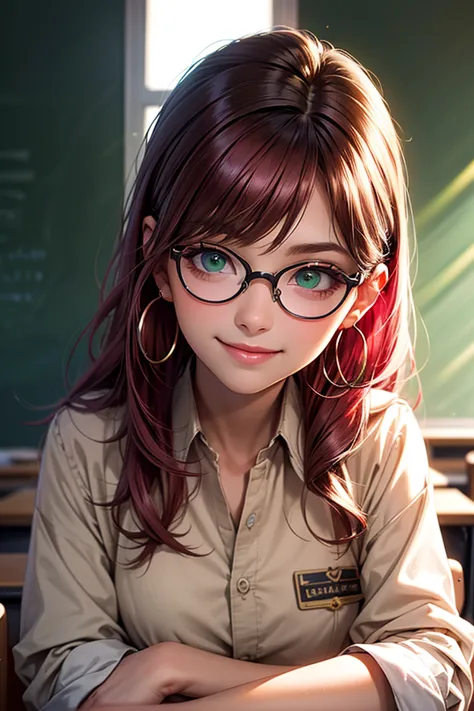 masterpiece, highest quality, High resolution, Super detailed, depth of written boundary, woman, smile, closeup, classroom background, long pink hair, green eyes, uniform, hoop earrings, round glasses
