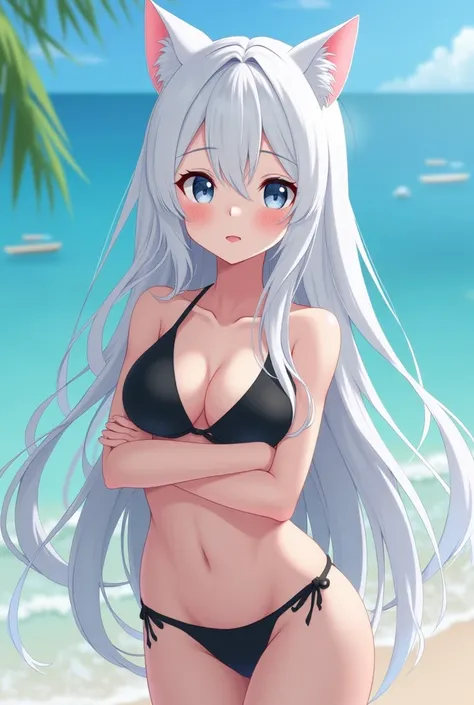 1 korean girl, cat style face(like yeji from itzy),long white hair ,black micro bikini, raised eyebrows,parted lips,light frown,crossed arm,ocean,best quality,high resolution, a widest pelvis, a big chest, a thinest waist