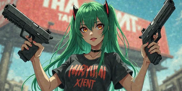 cool sexy girl, cute badass anime style with long green hair, whole full body portrait, holding two guns, zombie apocalypse theme, visible big background TIRA logo billboard on top, big name tag MAYUMI XIENT on chest shirt