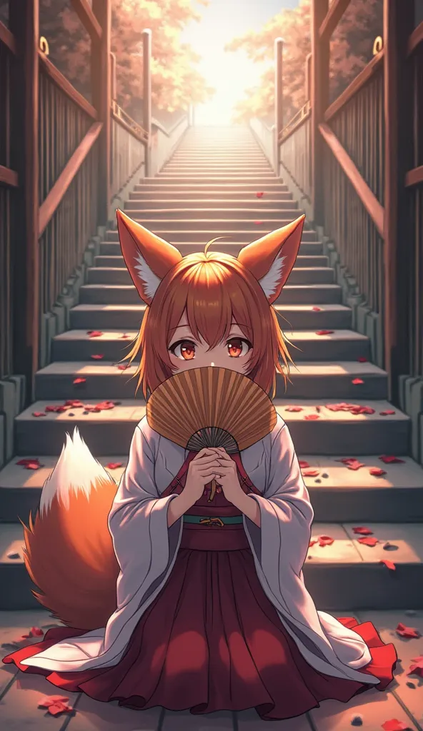 I want to create a picture of a girl with a kimono face, a girl who is a real person who is not animated or anime with a fox tail sitting in front of the frame holding a fan covering her mouth ,the image of the girl has to look real, don't look like an AI ...