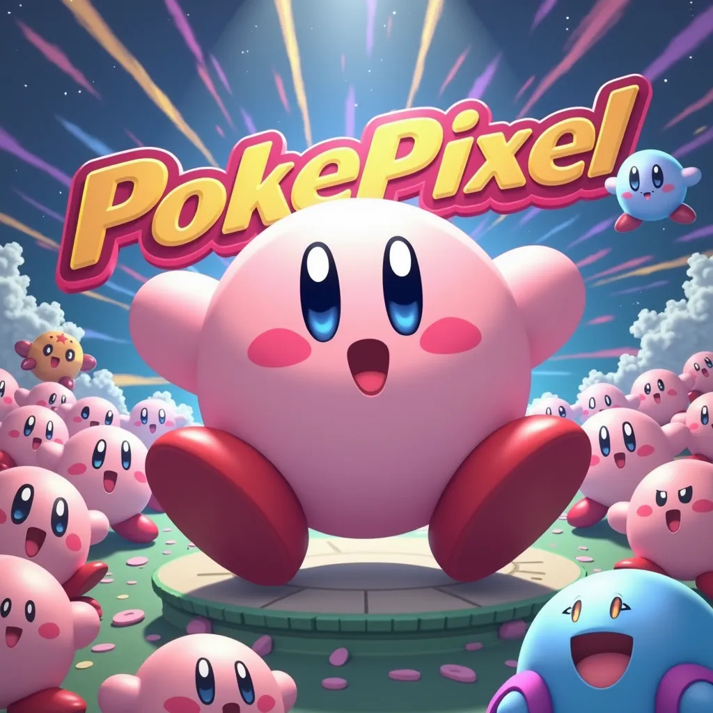 Masterpiece HD image of Kirby with many Kirbys with the powers of the characters in super smash bros fighting on a platform with the word pokepixel crafts in the background with many rays with the word pokepixel crafts 