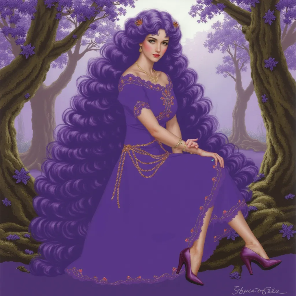 In a purple state of mind

Airbrushed and oil highly detailed digital painting of a stunning fantasy sorceress with long, voluminous curly purple hair, adorned with delicate leaves and small violet flowers. She looks at the camera,  her elegant mskeup, lon...