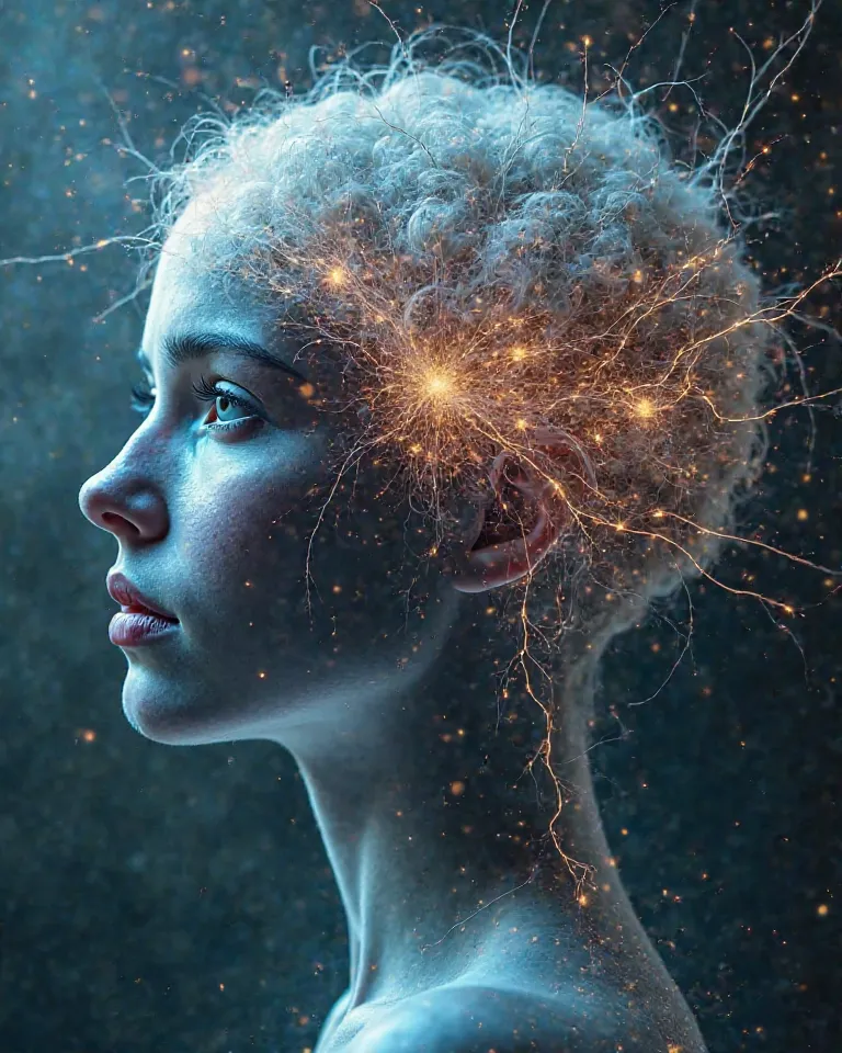  A semitransparent human face with a cloud of chaotic thoughts in its head, represented by tangled lines and electrical flashes. Her expression reflects tension, but on one side of the image, you begin to see clarity and order in the neural connections, re...