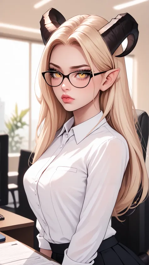  beautiful, high quality,  tiefling,  tail , sadness, cute face, black big horns, yellow eyes, blonde, glasses,  white blouse, office , blurred background,  posing, realistic natural light, pink detailed lips, long lashes , good anatomy, seductive look, sk...