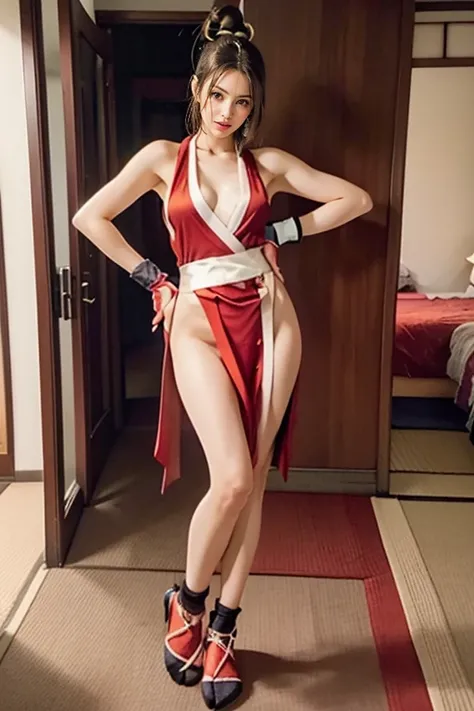 mai shiranui, (Full body:1.6), (black satin tabi:1.3), (wearing fitted black tabi:1.5), (Photo realistic:1.2), (masterpiece:1.2), (Best Quality), (ultra-detailed), (8K, 4K, Convoluted), (Flat Lighting:1.2), (skinny), Prestige, Brown eyes, Long brown hair, ...