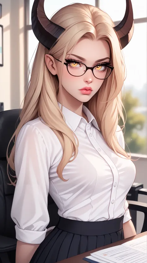  beautiful, high quality,  tiefling,  tail , sadness, cute face, black big horns, yellow eyes, blonde, glasses,  white blouse, office , blurred background,  posing, realistic natural light, pink detailed lips, long lashes , good anatomy, seductive look, sk...