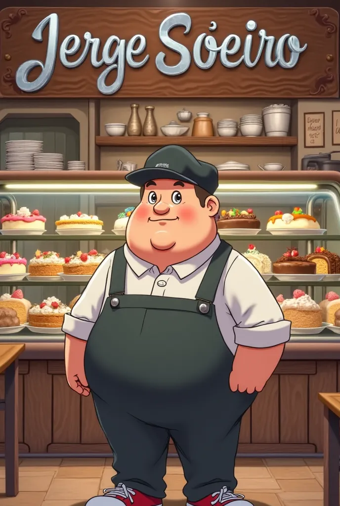 In front of a pastry shop with a display case full of cakes of different flavors that have a sign that says Jorge Soeiro written in silver in Spanish and where in the background you can see tables and more cakes and TikTok is a short, fat man anime-like an...