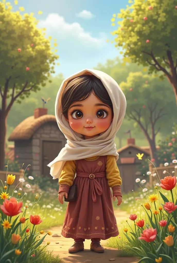 Little Zoya (Muslim girl) and her family lived in a beautiful village and always played in her garden. digital illustration
