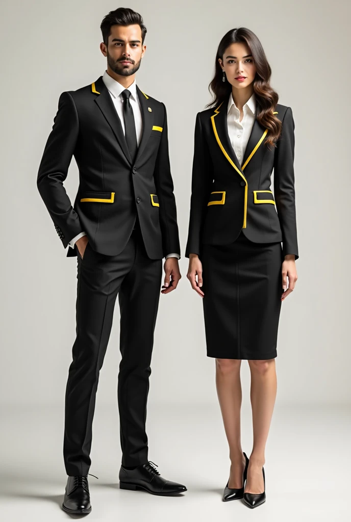 Make me a lay out for male and female uniforms it look like in business attire  the color is black and they have line yellow 