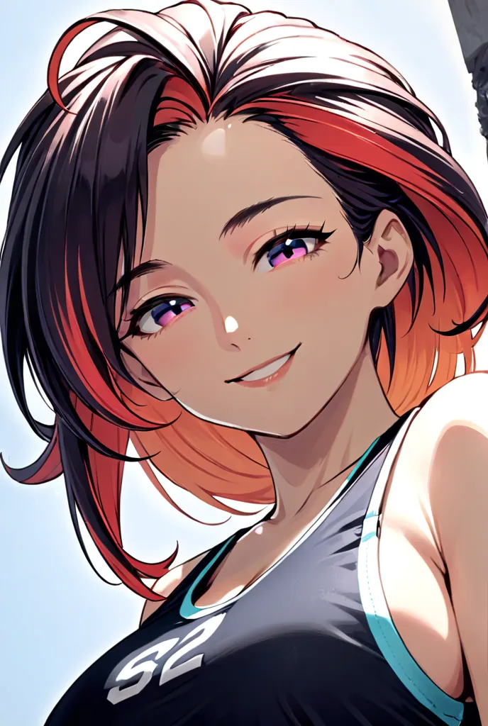 solo,hidden hair,older sister,random hairstyle,random hair color,jersey shorts ,  tank top,upper body,
from below,looking down, seductive smile,portrait, close-up, large breasts