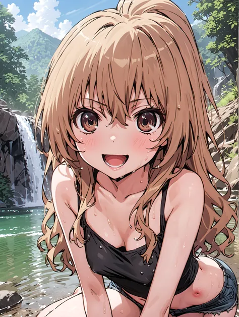 score_9, score_8_up, score_7_up, source_anime,
Taigaisaka, Aisaka Taiga,Alone, long hair, brown hair, brown eyes,ponytail,smile,open your mouth,Black T-shirt,belly button sticking,Tie the hem of the shirt,denim micro shorts,Bare legs,wet skin,wet hair, we...