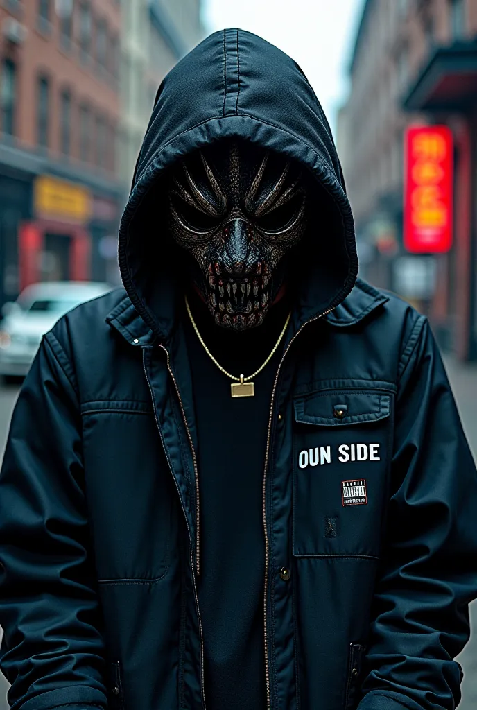 Make me a cover for an album make a person wearing a predator mask and his style of dressing a street drill style and in the back of the background say oun side and a corner say YAYO Y ADVISORI