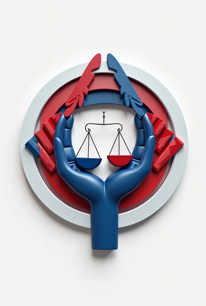 Create a real blue, red and white 3D circle logo for "SNAT VMs Legal" 
Justice logo, Court symbol, African hands shaking 
"Meeting your Legal Needs"