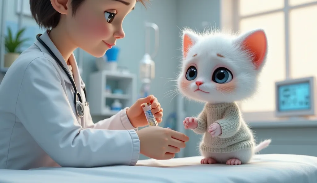 A highly detailed 3D animation of an anthropomorphic white kitten, faithfully recreated from the reference image. The kitten has large, expressive blue eyes, soft fluffy fur with individual strands visible, and a small, delicate face. It wears a simple, li...