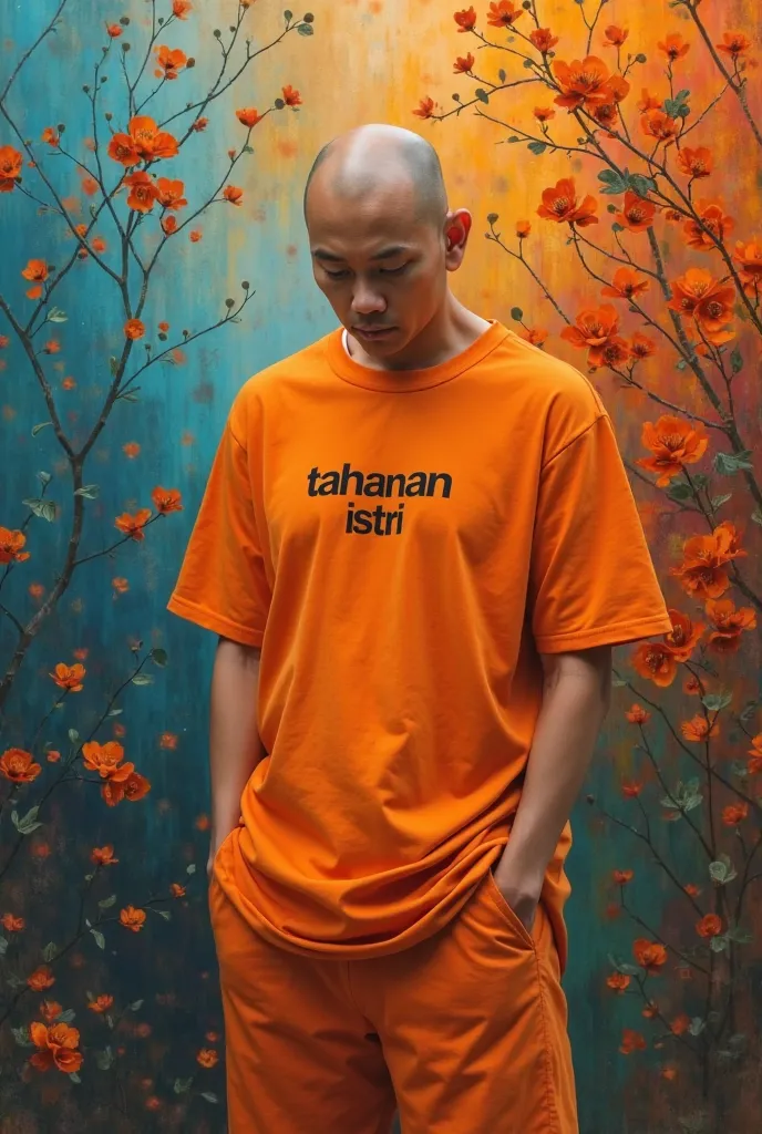 seen form the behind,a Asian man,bald head,clean white skin,wearing a orange t shirt big with says "TAHANAN ISTRI" and orange big and short pants,standing head down, beautiful women's painting on the walls background