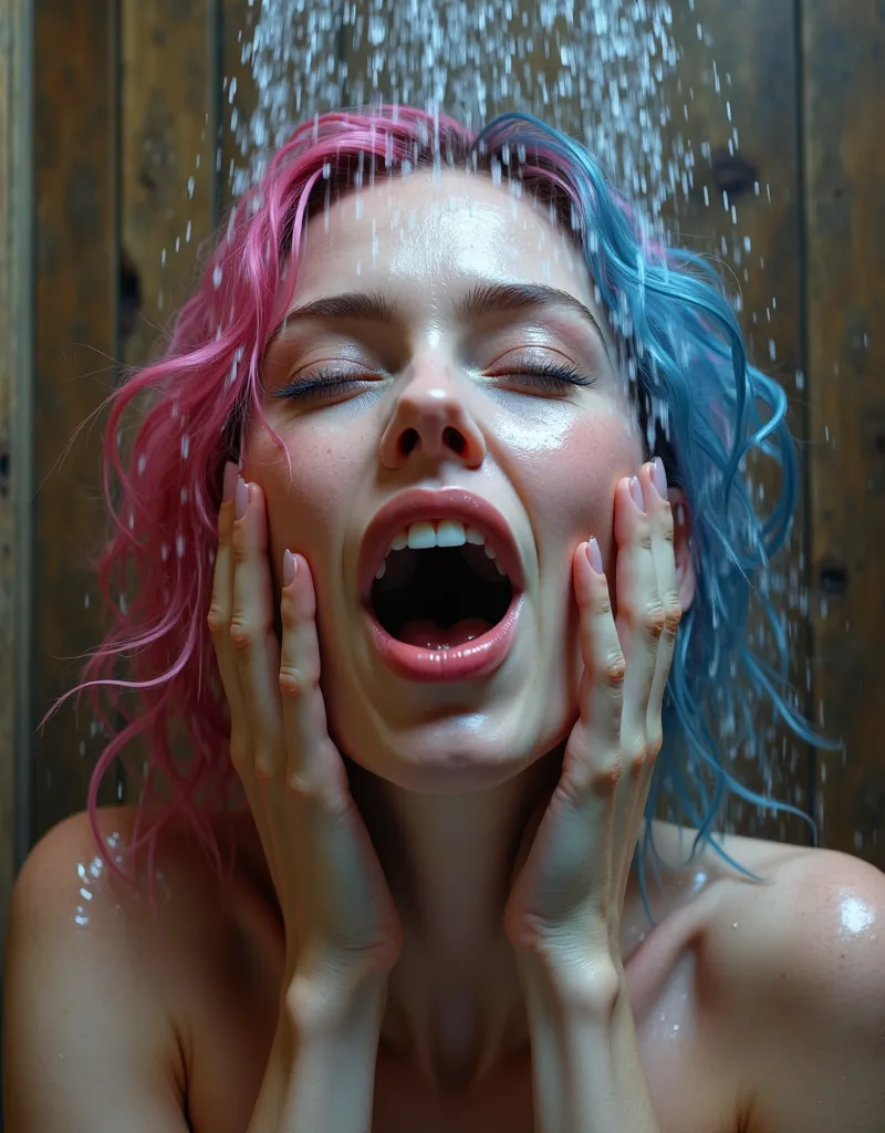 ultra realistic professional full body near facing camera ( {pink-blue haired woman experiencing intense orgasm  under shower stream}, {face in extreme close-up with widely parted lips expressing powerful sensation}, {eyes opened with furrowed brow conveyi...