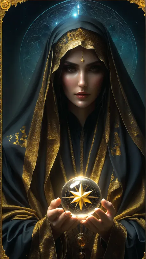 Magnificent Tarot, A robed astrologer sits quietly at a table covered with symbols,Holding a crystal star ball in hand, There is arabic text at the bottom of the card, fit snugly on face, Tarot, Very high texture quality, Front and sides, Full of mysteriou...